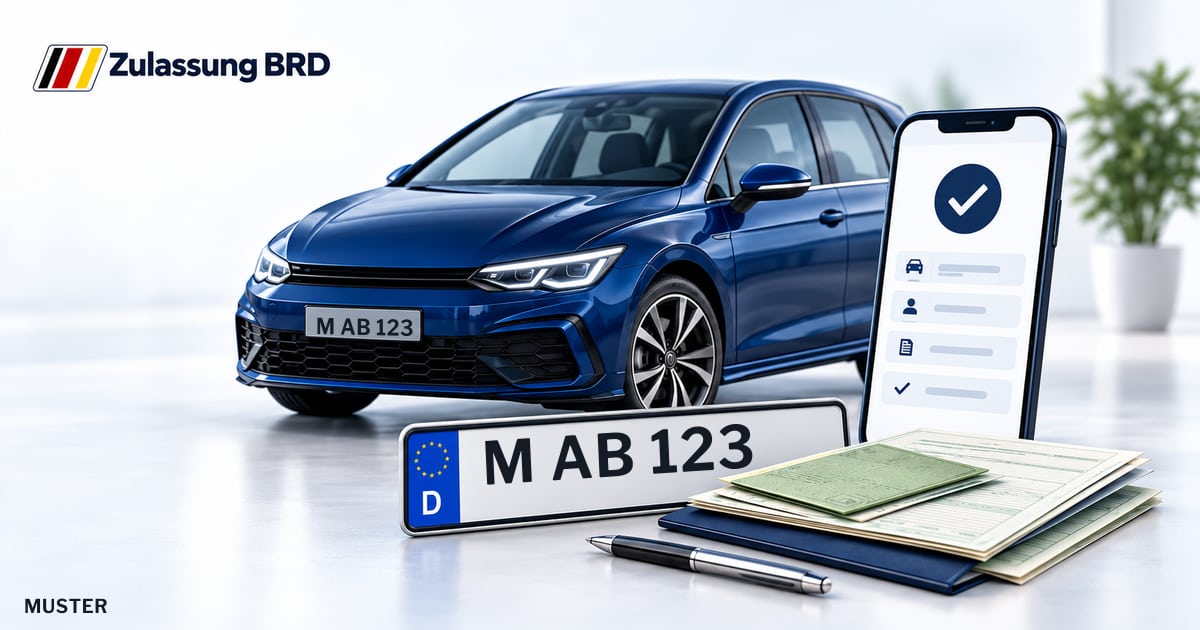 Online Fahrzeugzulassung in Oberschleißheim: Musterkennzeichen M AB 123, Auto und Fahrzeugpapiere und Smartphone. Illustration mit Logo von Zulassung BRD.